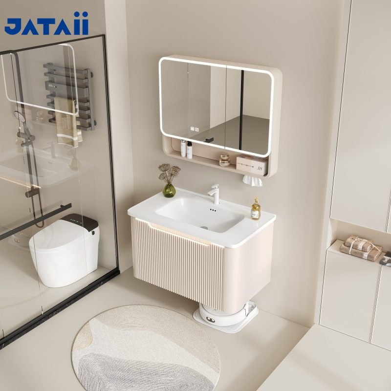 Cream Fluted Floating Vanity with Cosmetic Organizer Smart Mirror