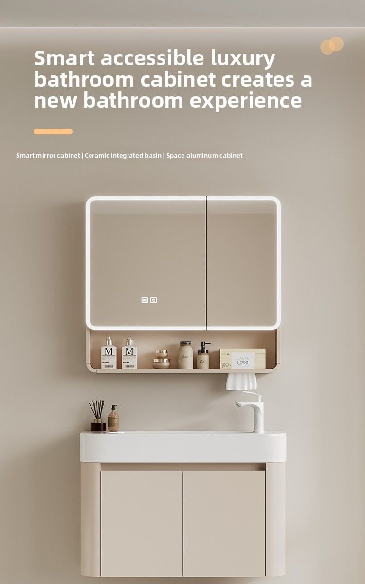 Cream Fluted Floating Vanity with Cosmetic Organizer Smart Mirror detail 2