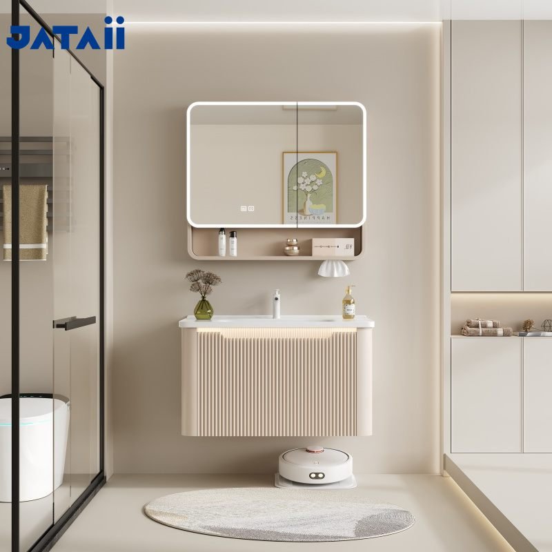 Cream Fluted Floating Vanity with Cosmetic Organizer Smart Mirror