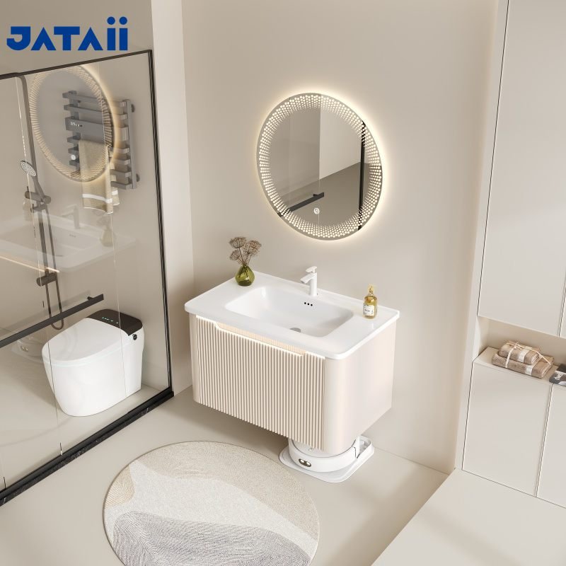 Cream Fluted Floating Vanity with Cosmetic Organizer Smart Mirror