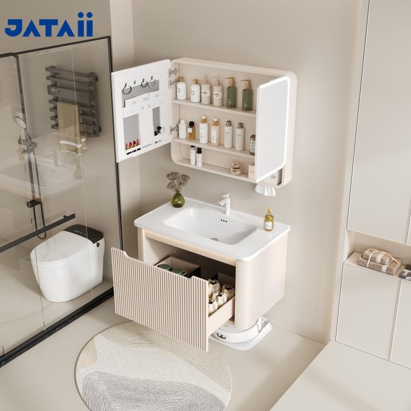 Cream Fluted Floating Vanity with Cosmetic Organizer Smart Mirror