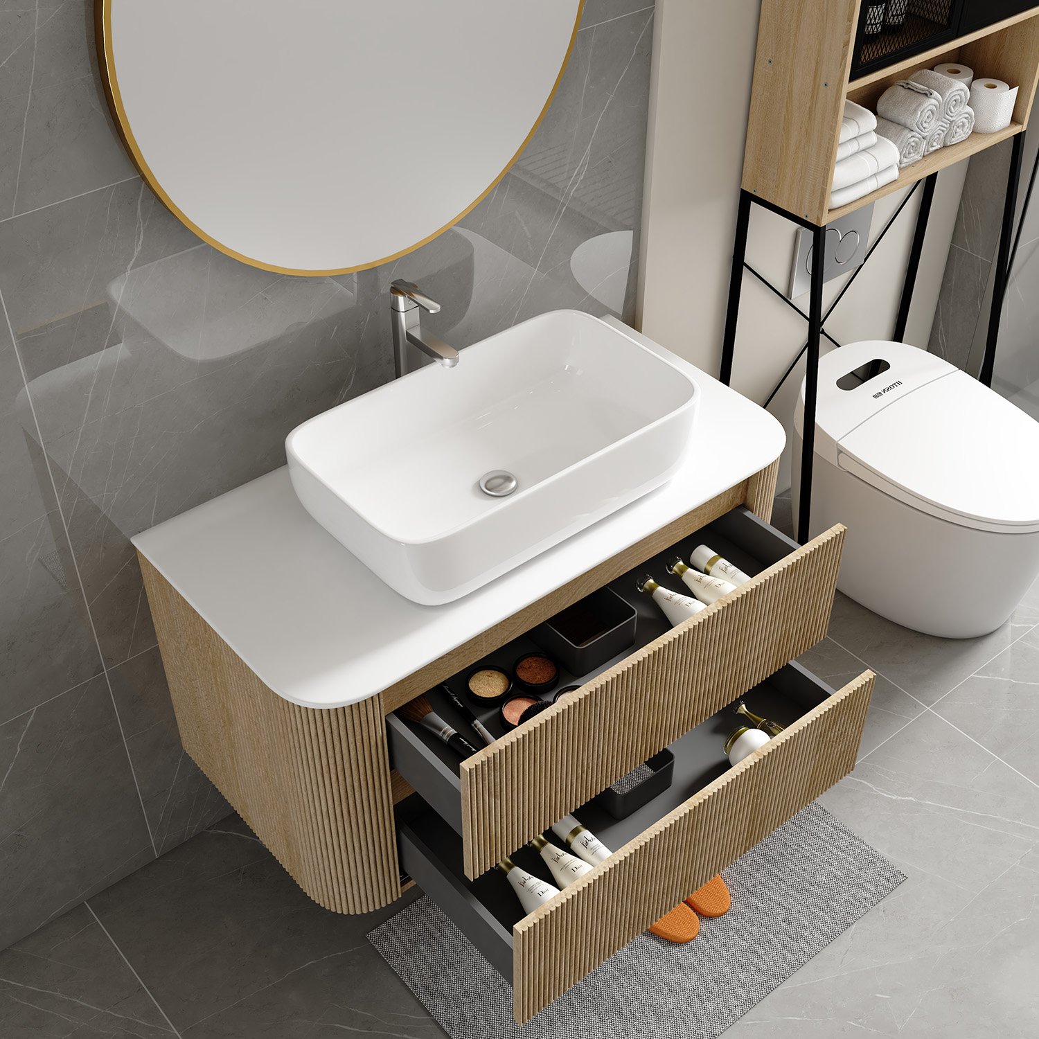 Waterproof Wood-Look Aluminum Honeycomb Vanity with Vessel Sink