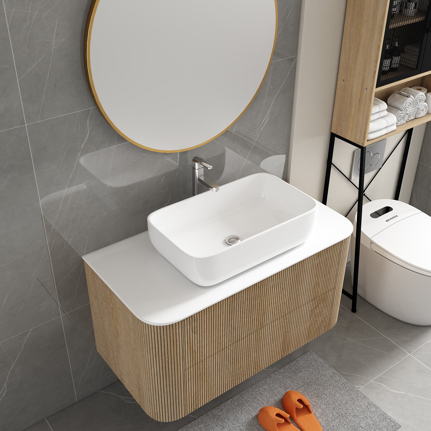 Waterproof Wood-Look Aluminum Honeycomb Vanity with Vessel Sink
