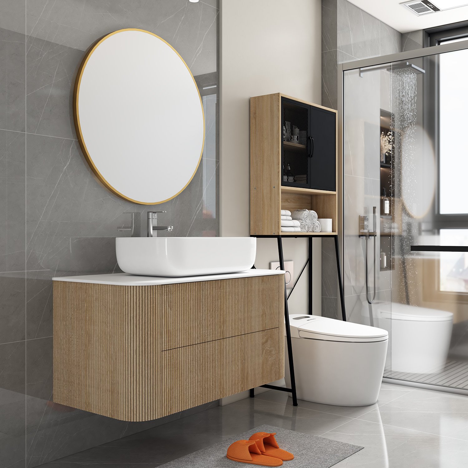 Waterproof Wood-Look Aluminum Honeycomb Vanity with Vessel Sink
