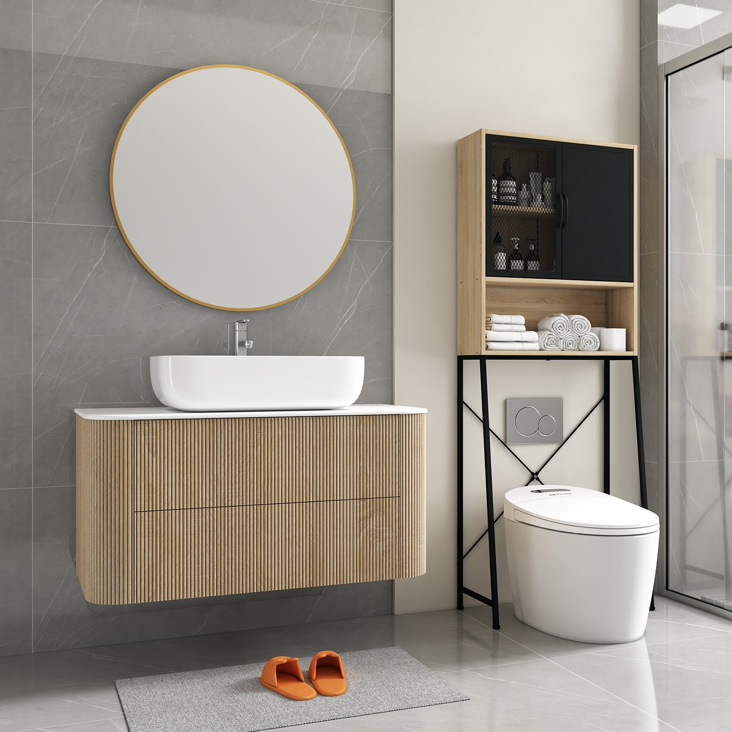 Waterproof Wood-Look Aluminum Honeycomb Vanity with Vessel Sink