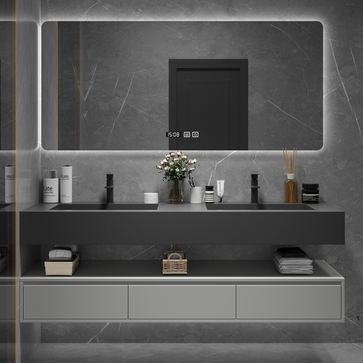 Hotel Grade Double Sink Vanity | Smart Mirror & Open Shelf | JATAII