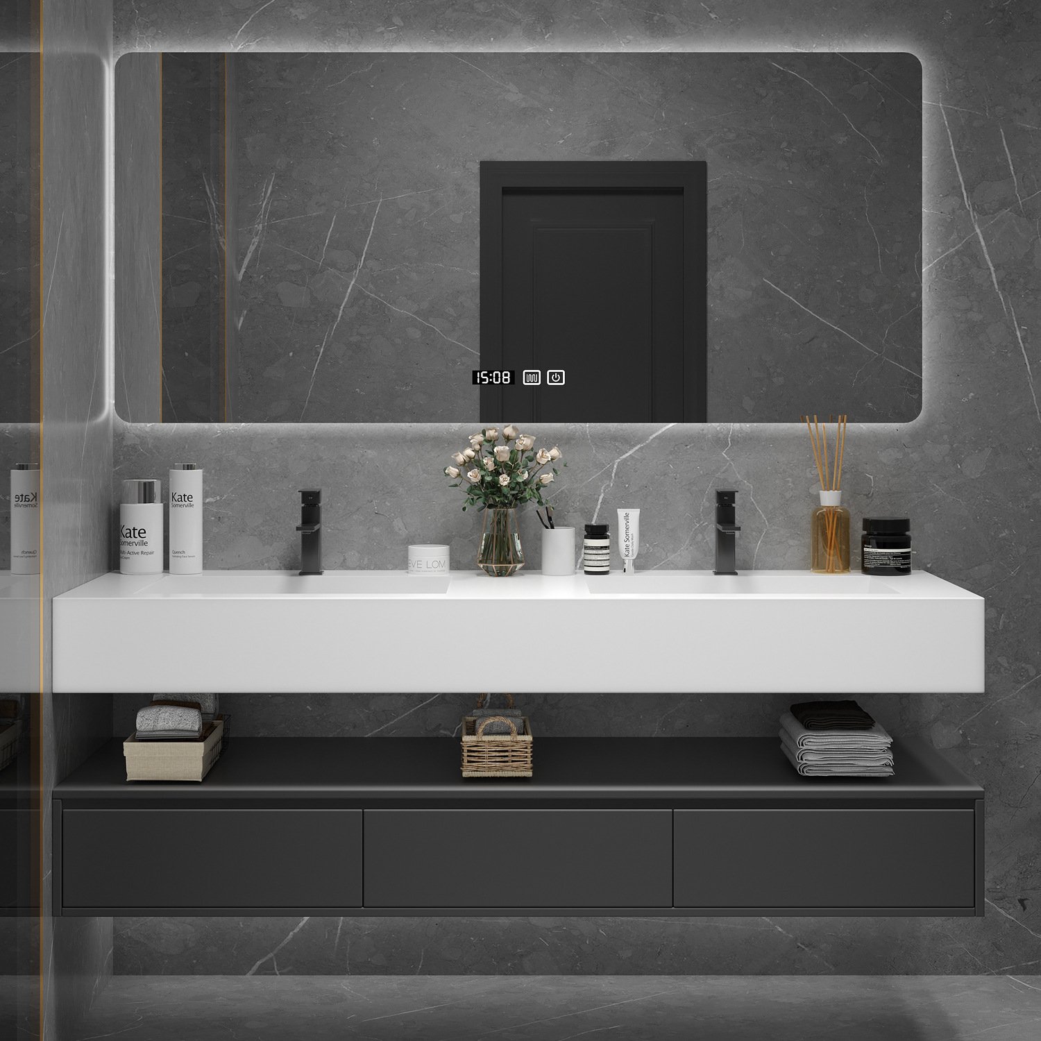 Hotel Grade Double Sink Vanity | Smart Mirror & Open Shelf | JATAII