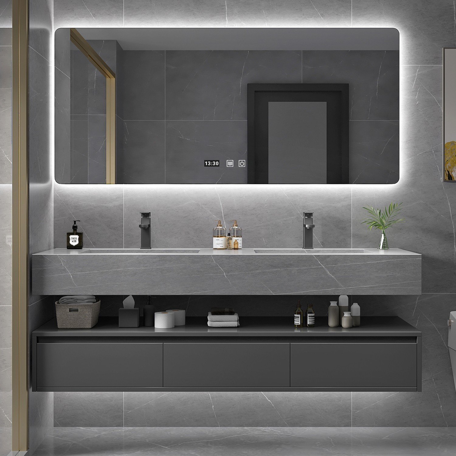 Hotel Grade Double Sink Vanity | Smart Mirror & Open Shelf | JATAII