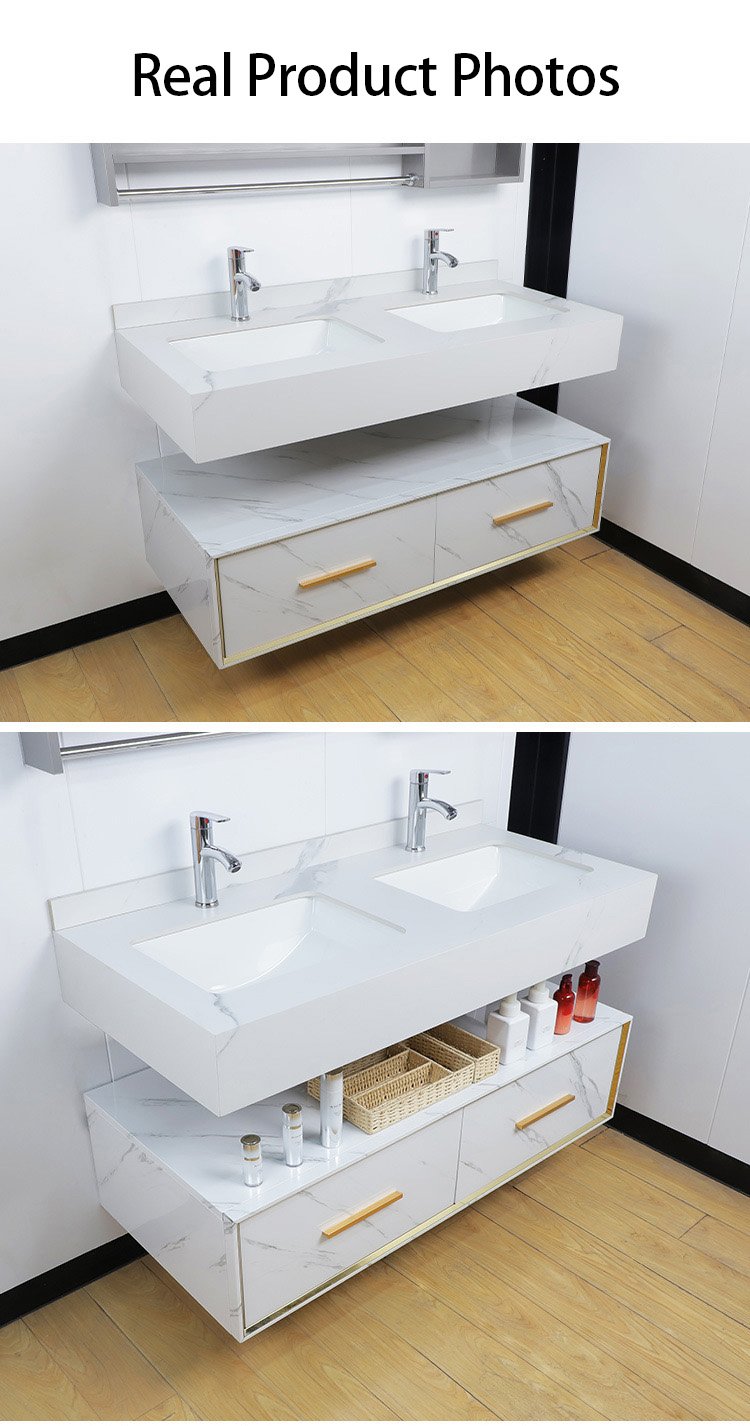 Hotel Grade White Marble Aluminum Double Sink Vanity with Smart Mirror detail 4