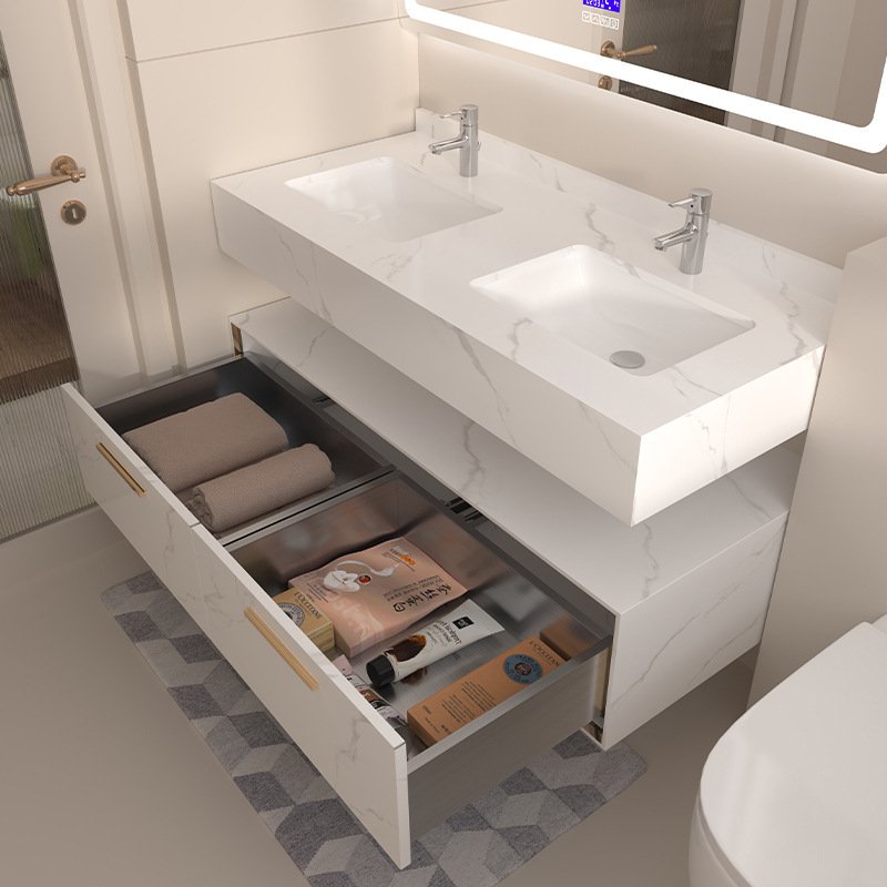 Hotel Grade White Marble Aluminum Double Sink Vanity with Smart Mirror