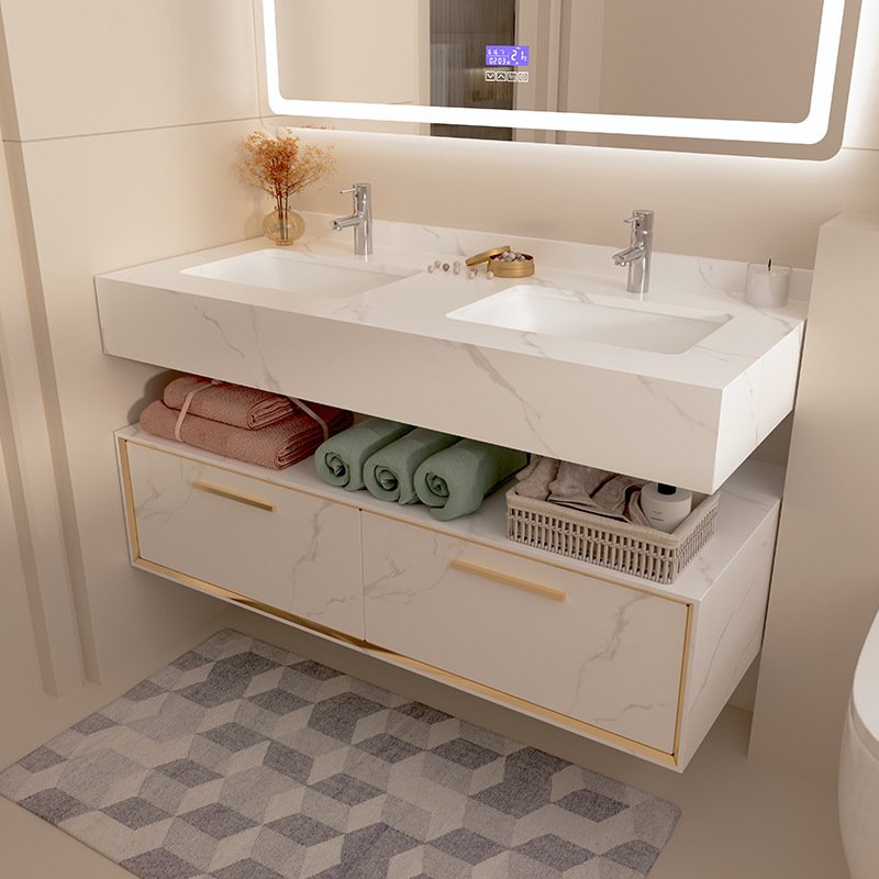 Hotel Grade White Marble Aluminum Double Sink Vanity with Smart Mirror