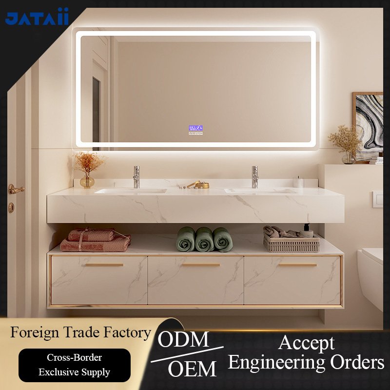 Hotel Grade White Marble Aluminum Double Sink Vanity with Smart Mirror