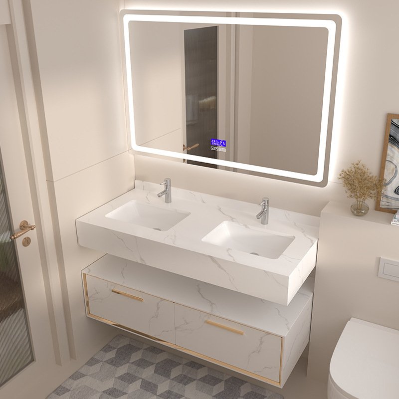 Hotel Grade White Marble Aluminum Double Sink Vanity with Smart Mirror