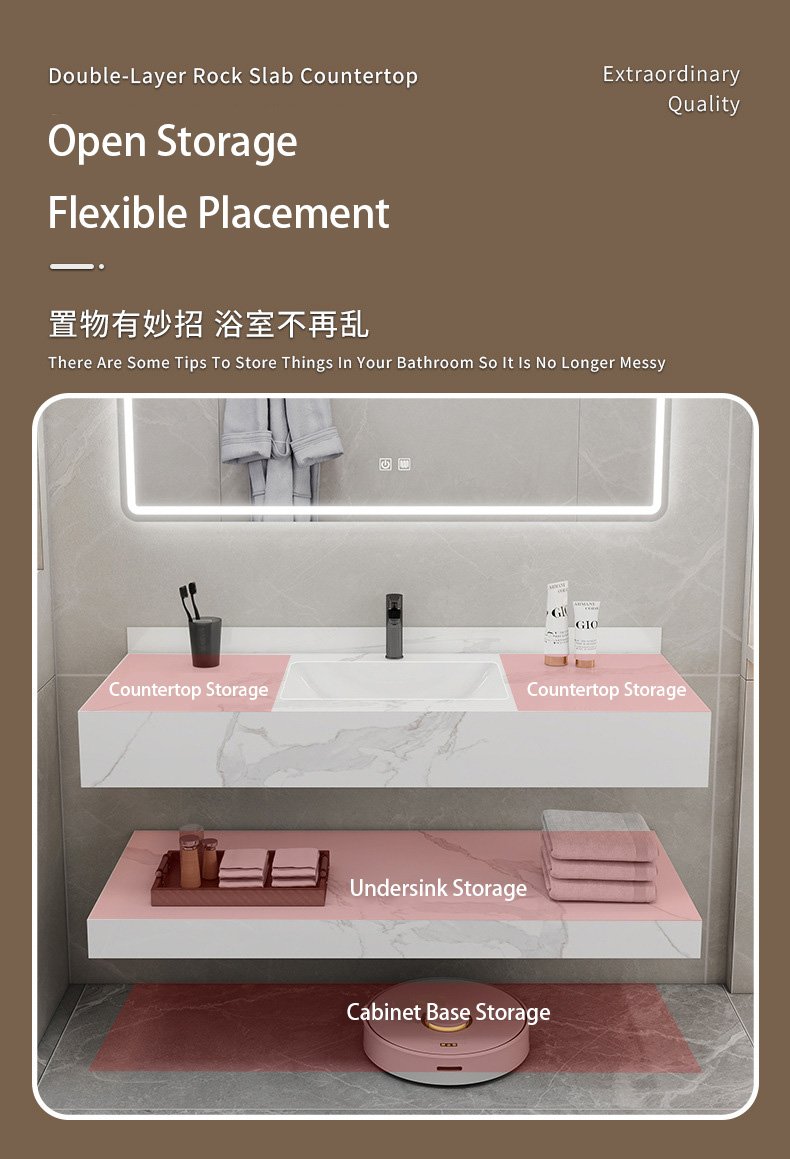 Hotel Style Sintered Stone Vanity | Dual-Tier Open Shelf | JATAII detail 7