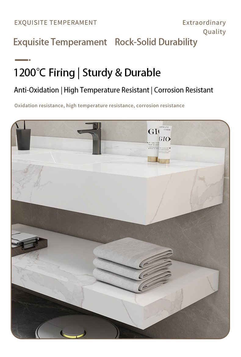 Hotel Style Sintered Stone Vanity | Dual-Tier Open Shelf | JATAII detail 4