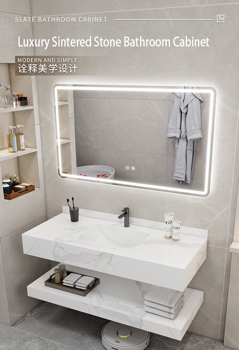 Hotel Style Sintered Stone Vanity | Dual-Tier Open Shelf | JATAII detail 1