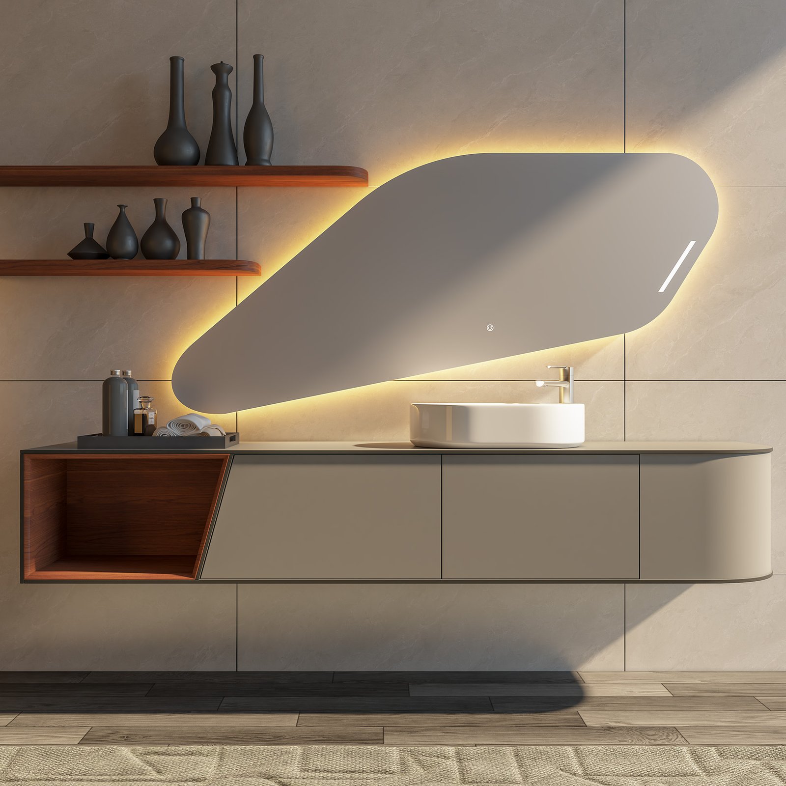 Commercial Asymmetrical Floating Vanity with Organic LED Mirror