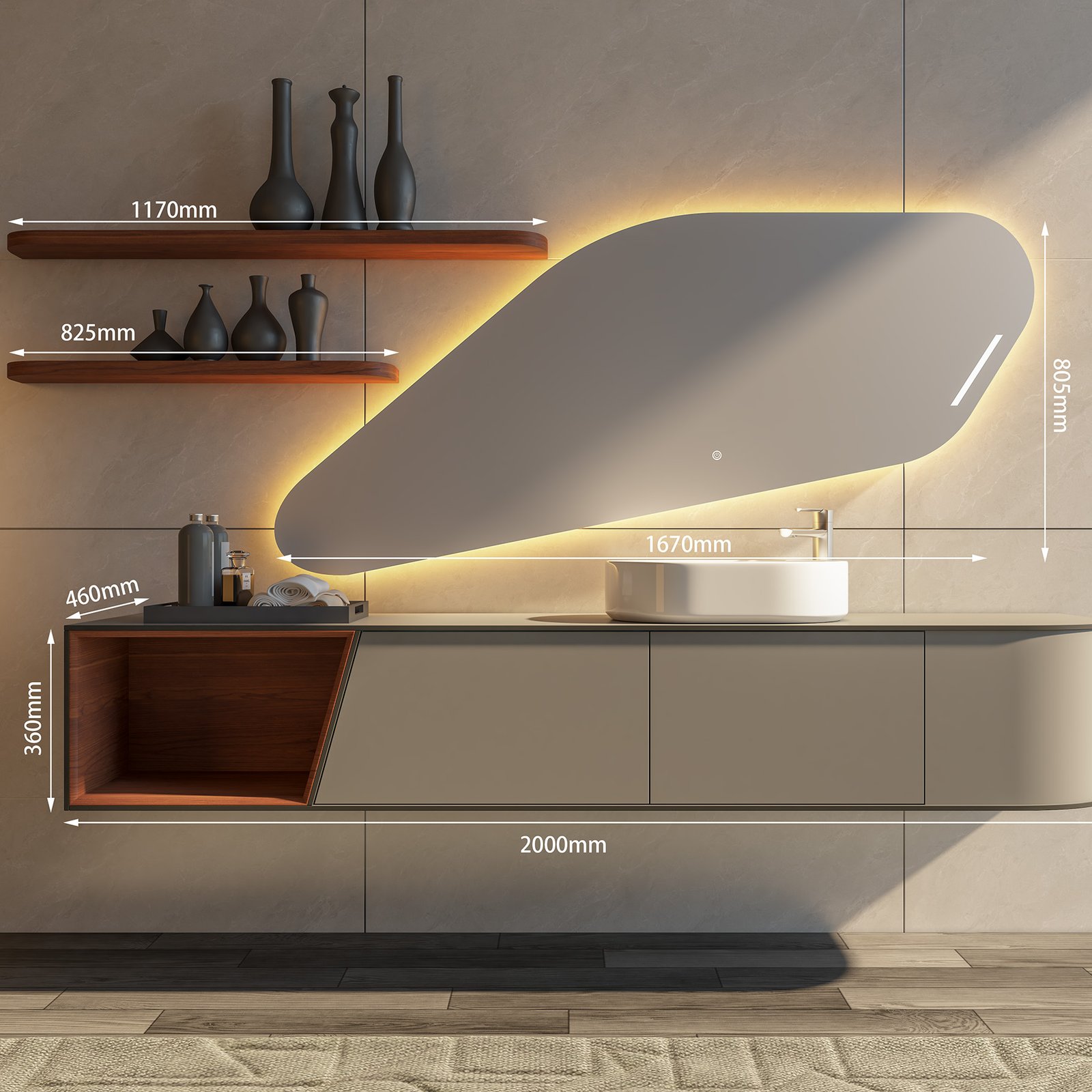 Commercial Asymmetrical Floating Vanity with Organic LED Mirror