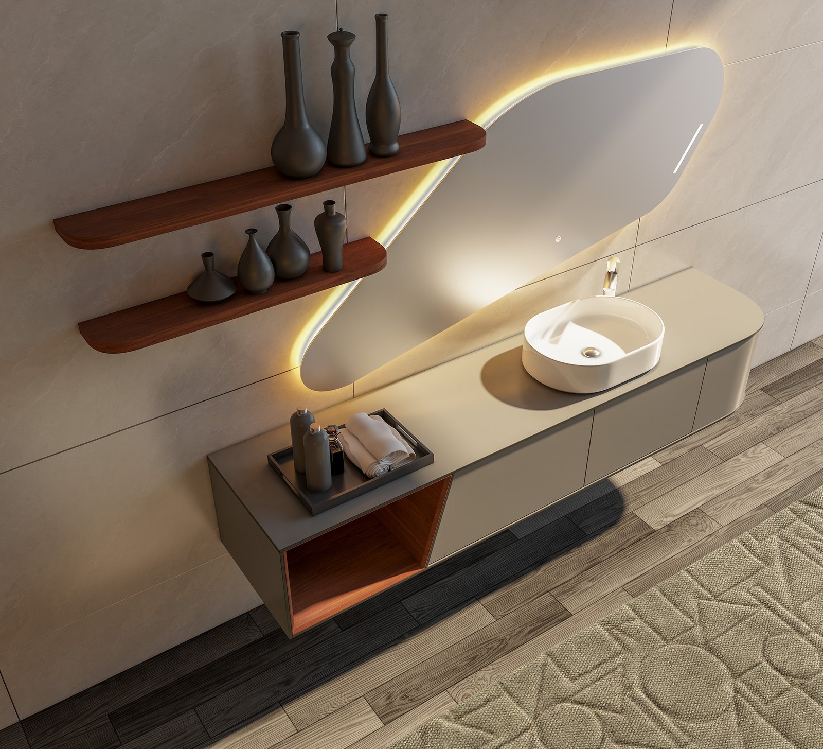 Commercial Asymmetrical Floating Vanity with Organic LED Mirror