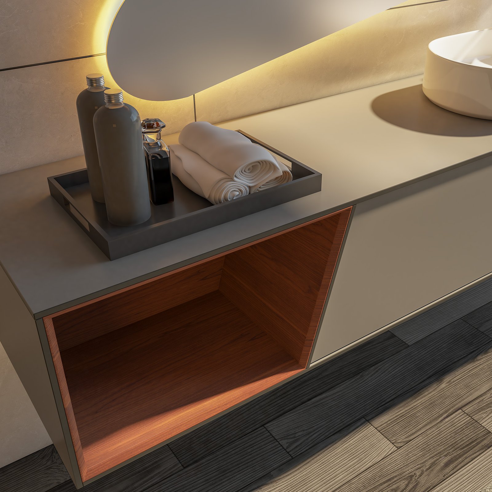 Commercial Asymmetrical Floating Vanity with Organic LED Mirror