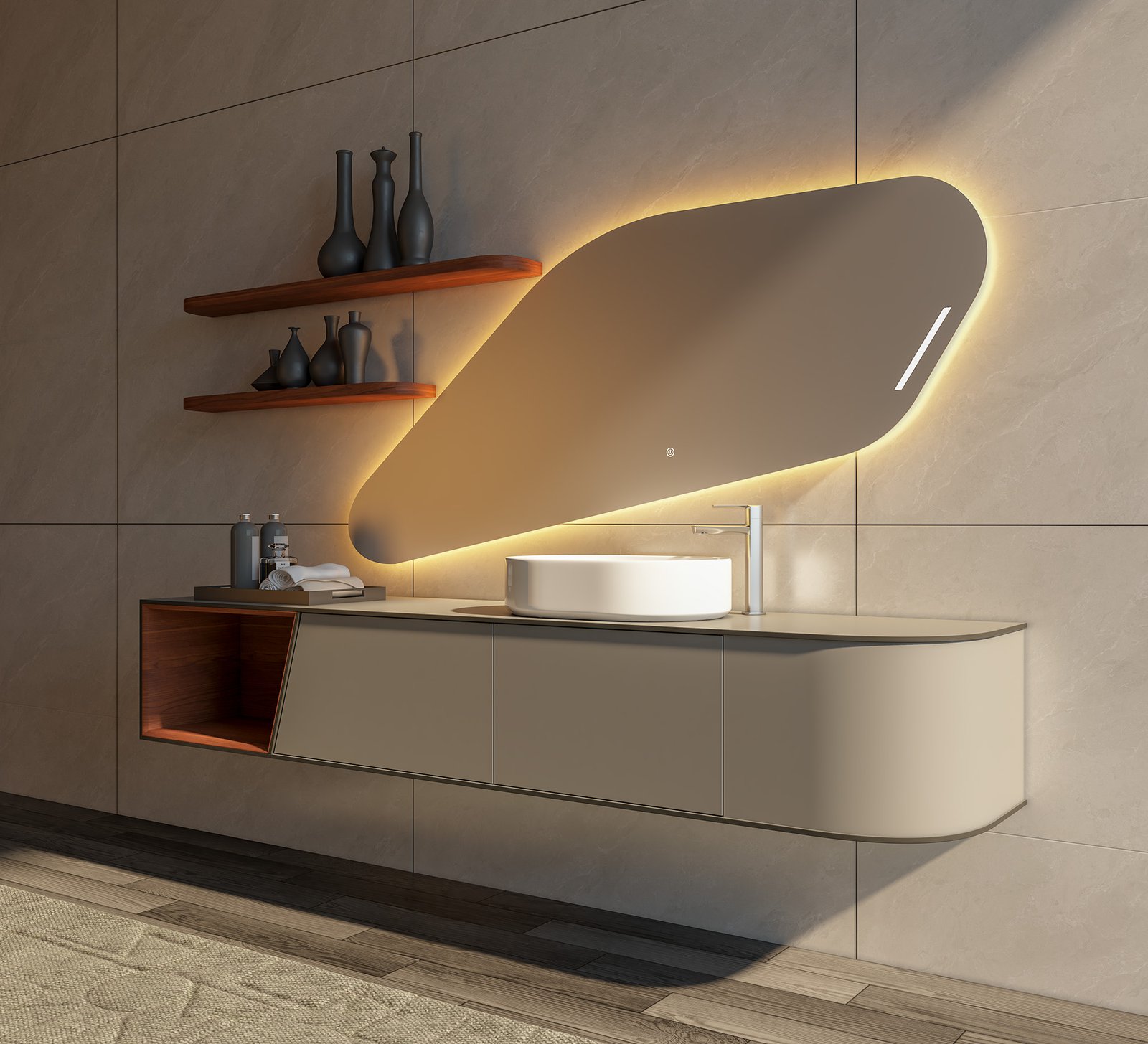 Commercial Asymmetrical Floating Vanity with Organic LED Mirror