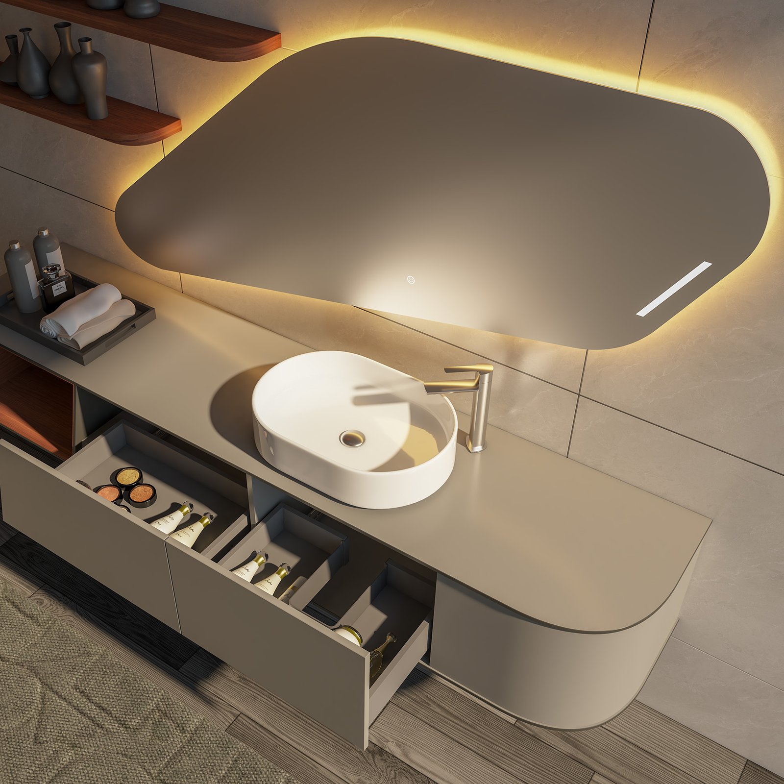 Commercial Asymmetrical Floating Vanity with Organic LED Mirror