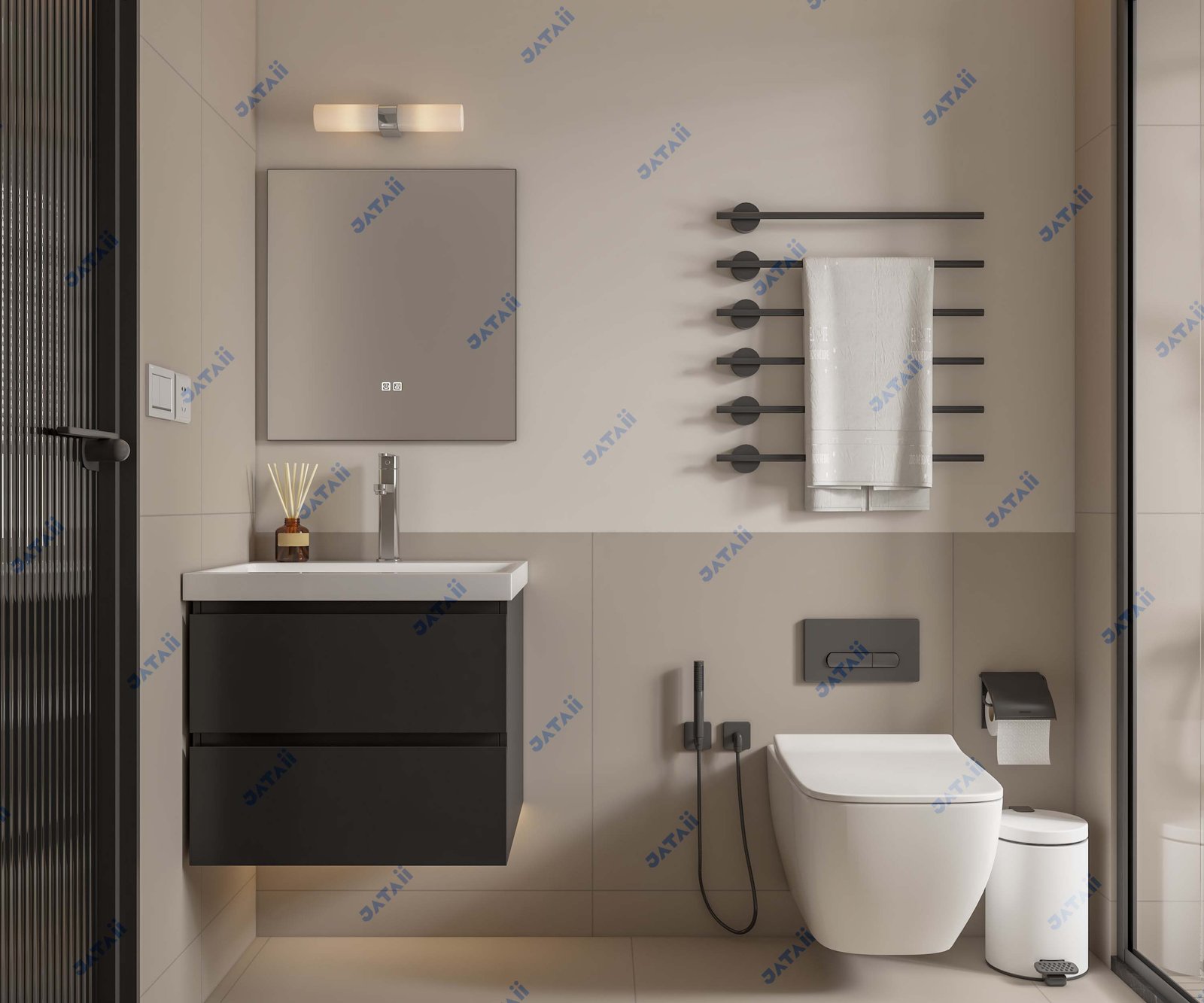 Wholesale 600mm Compact Matte Grey Aluminum Vanity with Double Drawers & Top Light Mirror | JTDR035