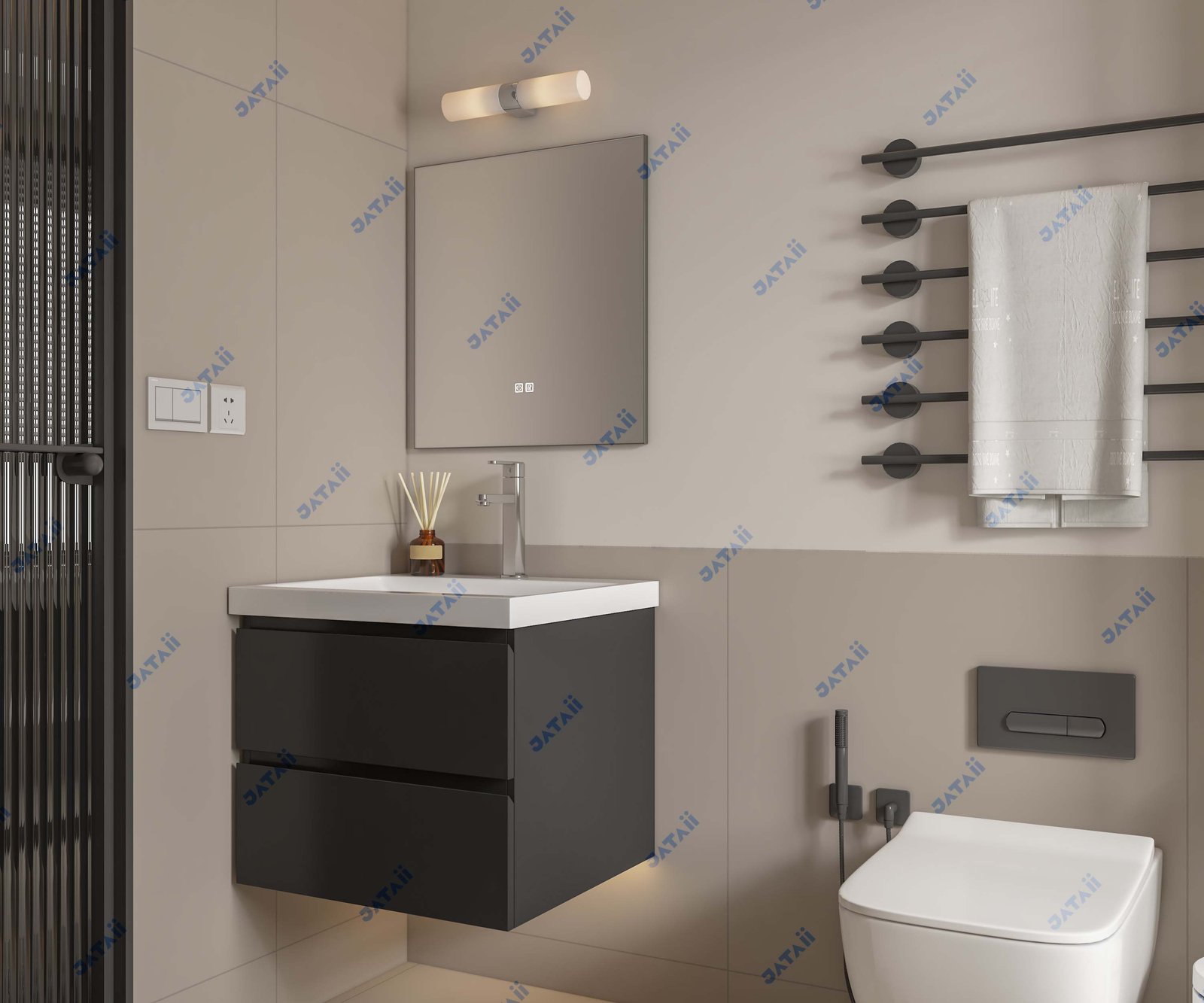 Wholesale 600mm Compact Matte Grey Aluminum Vanity with Double Drawers & Top Light Mirror | JTDR035