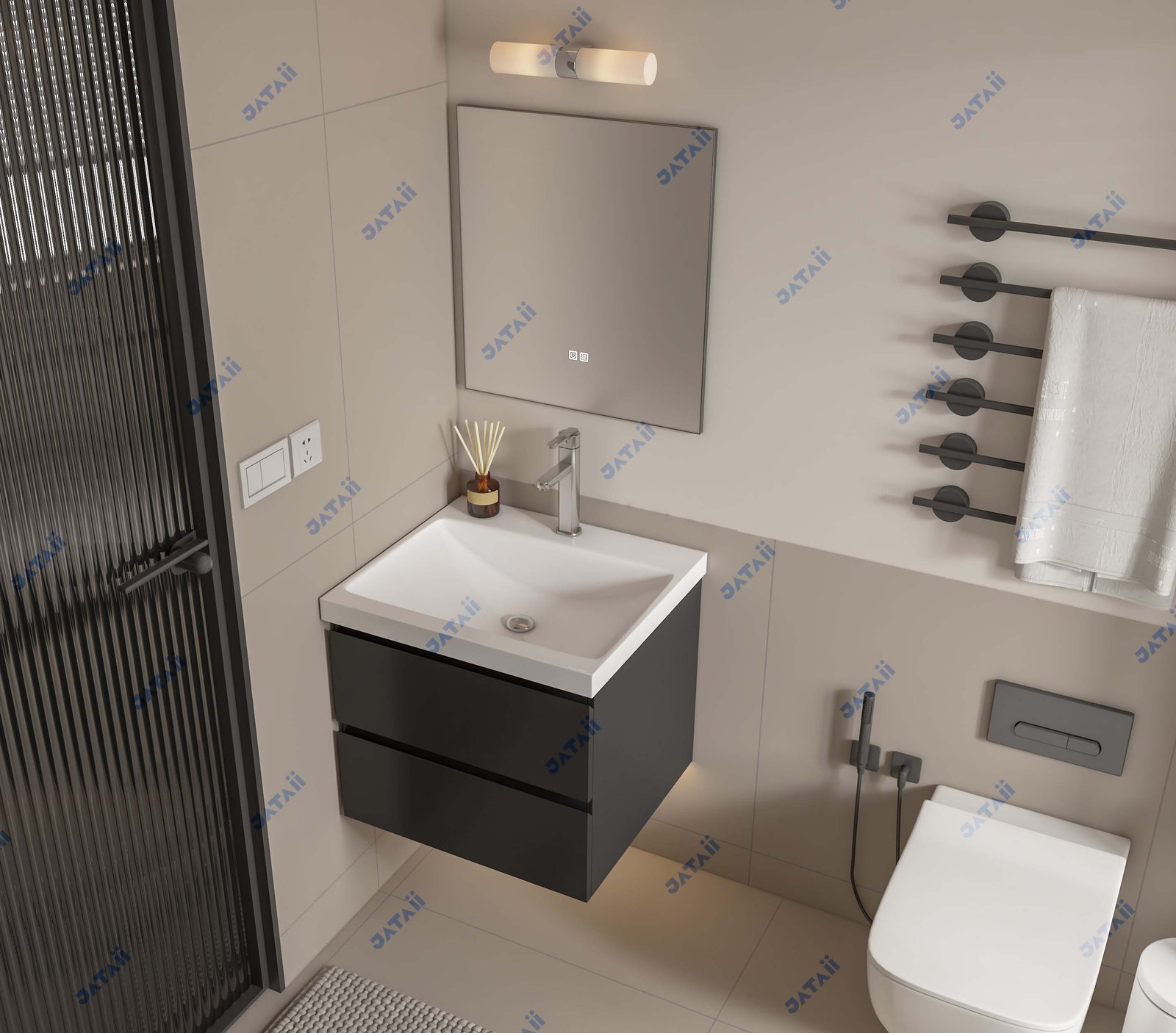 Wholesale 600mm Compact Matte Grey Aluminum Vanity with Double Drawers & Top Light Mirror | JTDR035