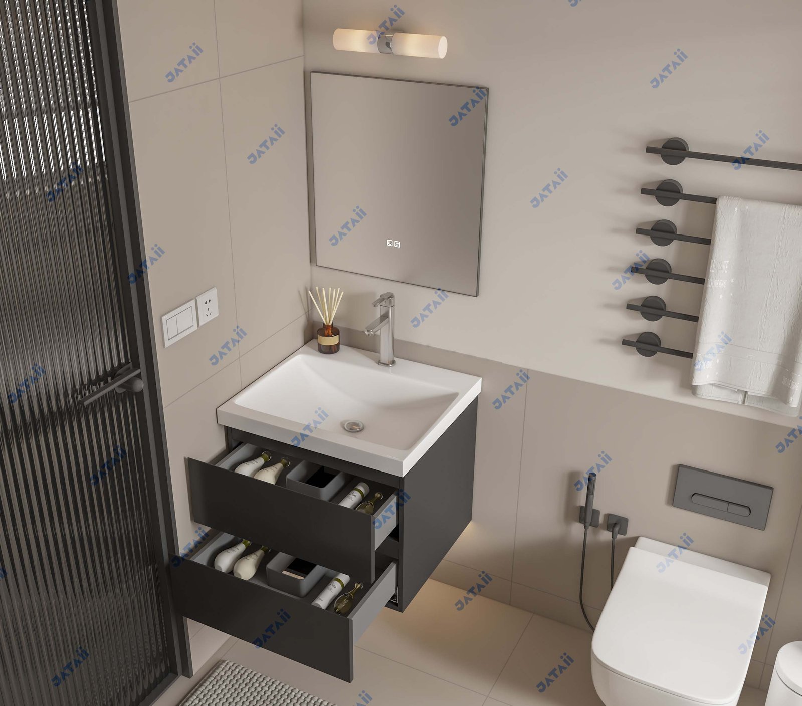Wholesale 600mm Compact Matte Grey Aluminum Vanity with Double Drawers & Top Light Mirror | JTDR035