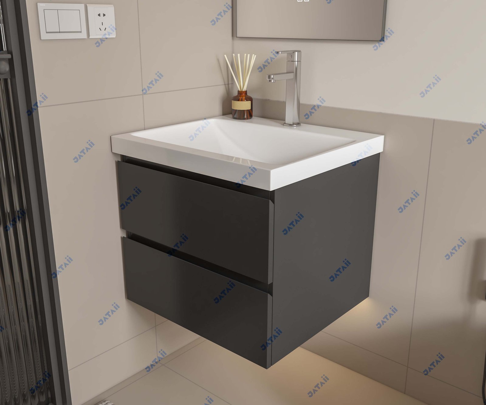 Wholesale 600mm Compact Matte Grey Aluminum Vanity with Double Drawers & Top Light Mirror | JTDR035