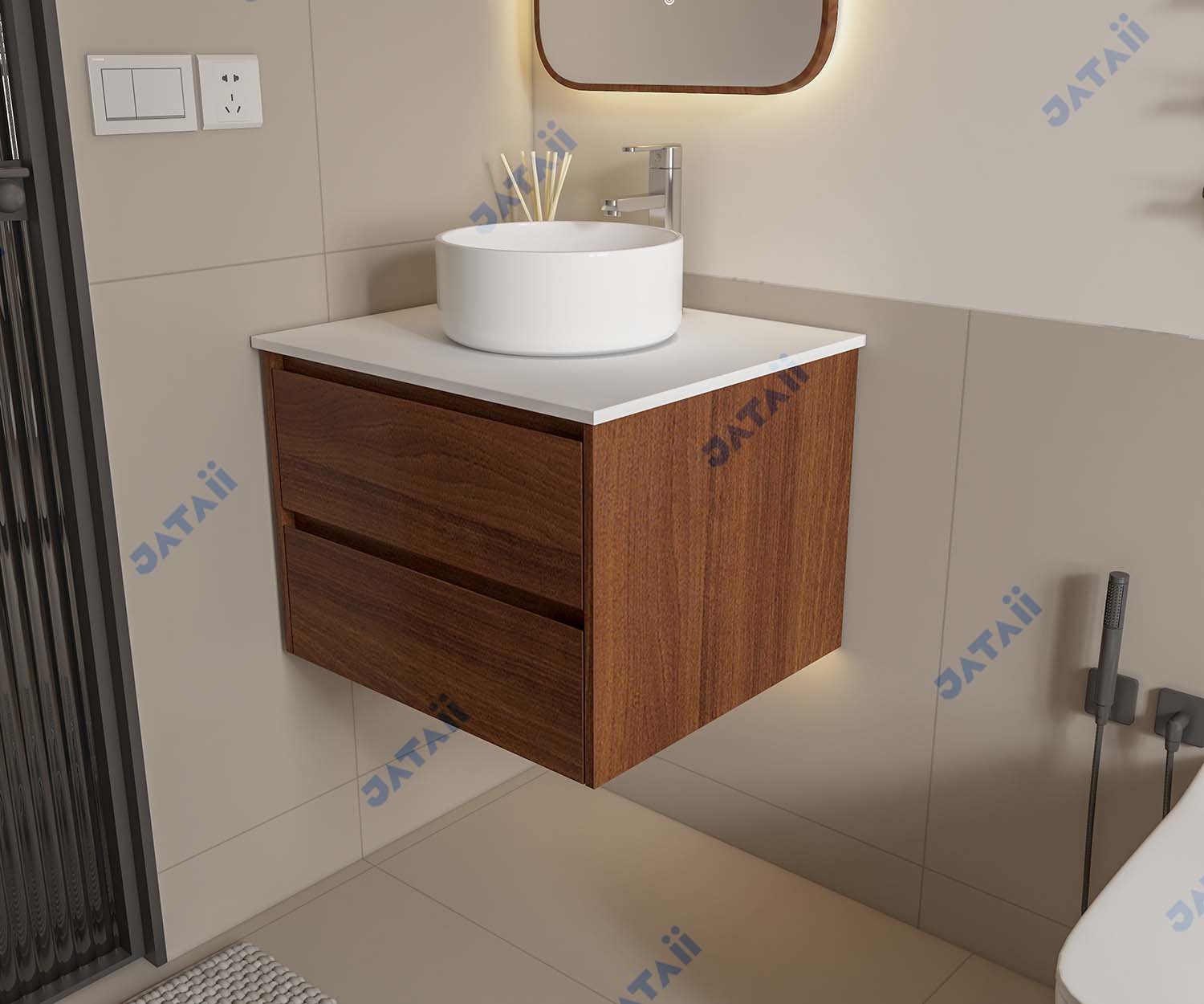 600mm Compact Walnut Wood Grain Aluminum Honeycomb Vanity with Vessel Sink | MN004