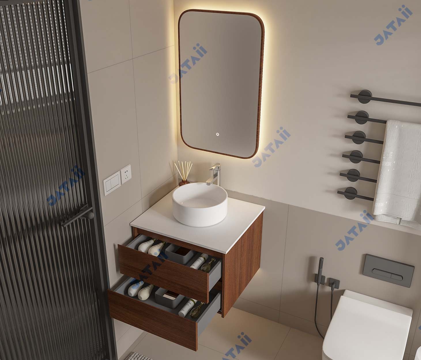 600mm Compact Walnut Wood Grain Aluminum Honeycomb Vanity with Vessel Sink | MN004