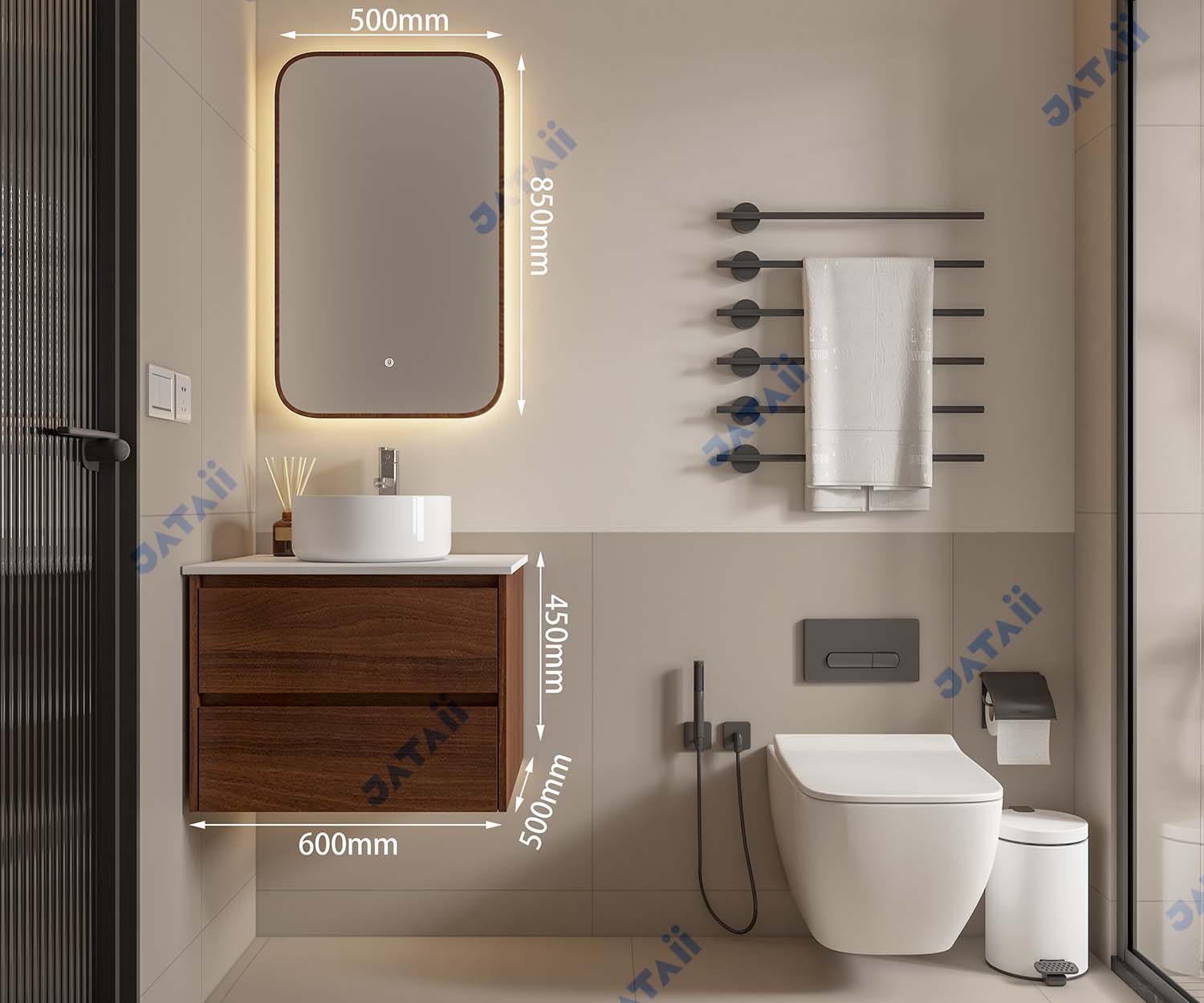 600mm Compact Walnut Wood Grain Aluminum Honeycomb Vanity with Vessel Sink | MN004