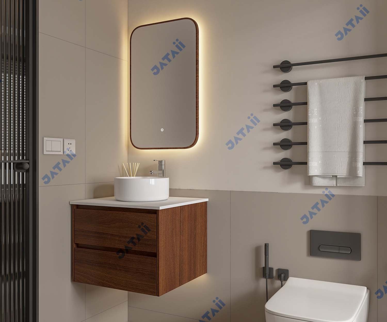600mm Compact Walnut Wood Grain Aluminum Honeycomb Vanity with Vessel Sink | MN004