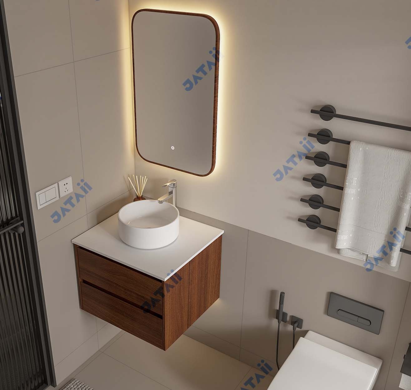 600mm Compact Walnut Wood Grain Aluminum Honeycomb Vanity with Vessel Sink | MN004