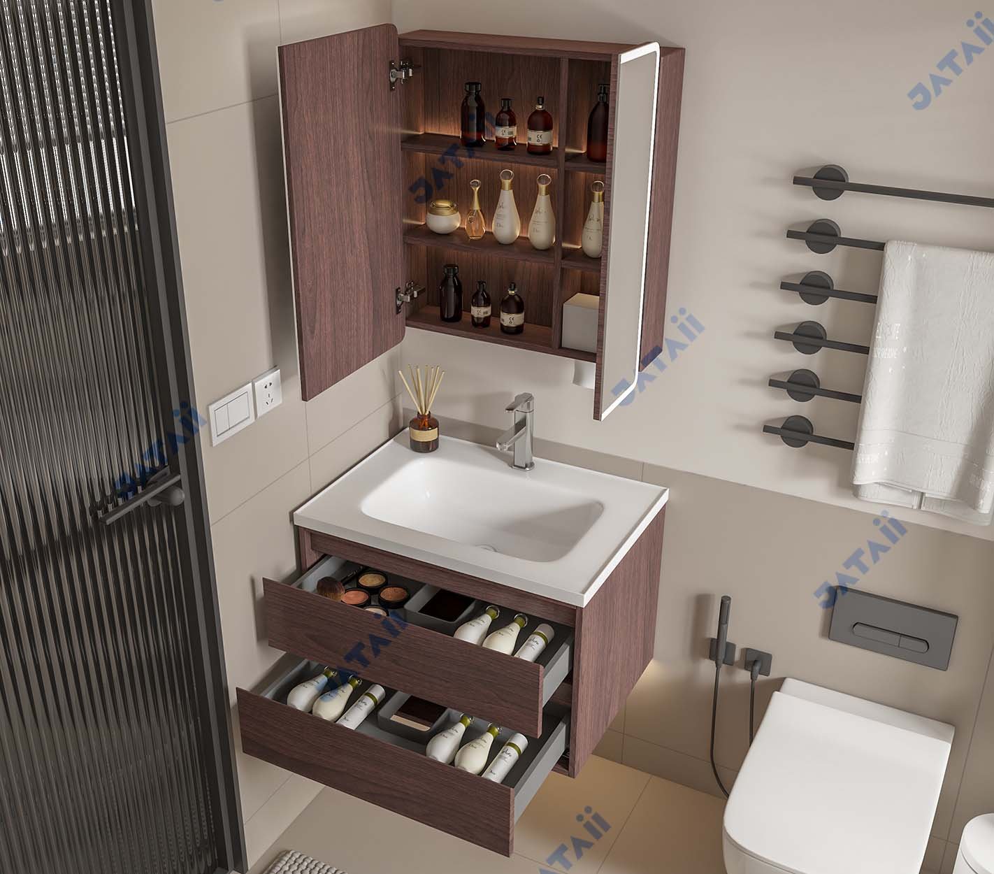 Wholesale 700mm Dark Walnut Aluminum Honeycomb Vanity with LED Mirror Cabinet & Dispenser | JTDR029