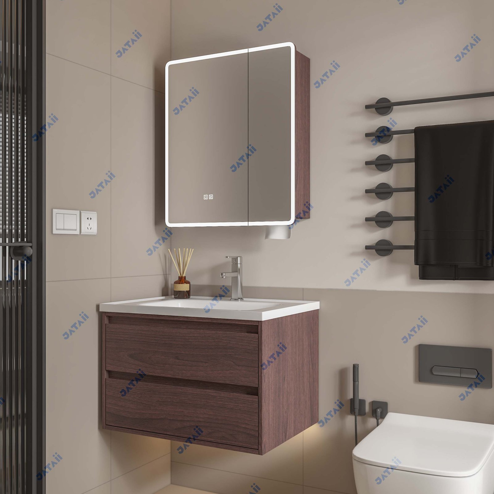 Wholesale 700mm Dark Walnut Aluminum Honeycomb Vanity with LED Mirror Cabinet & Dispenser | JTDR029