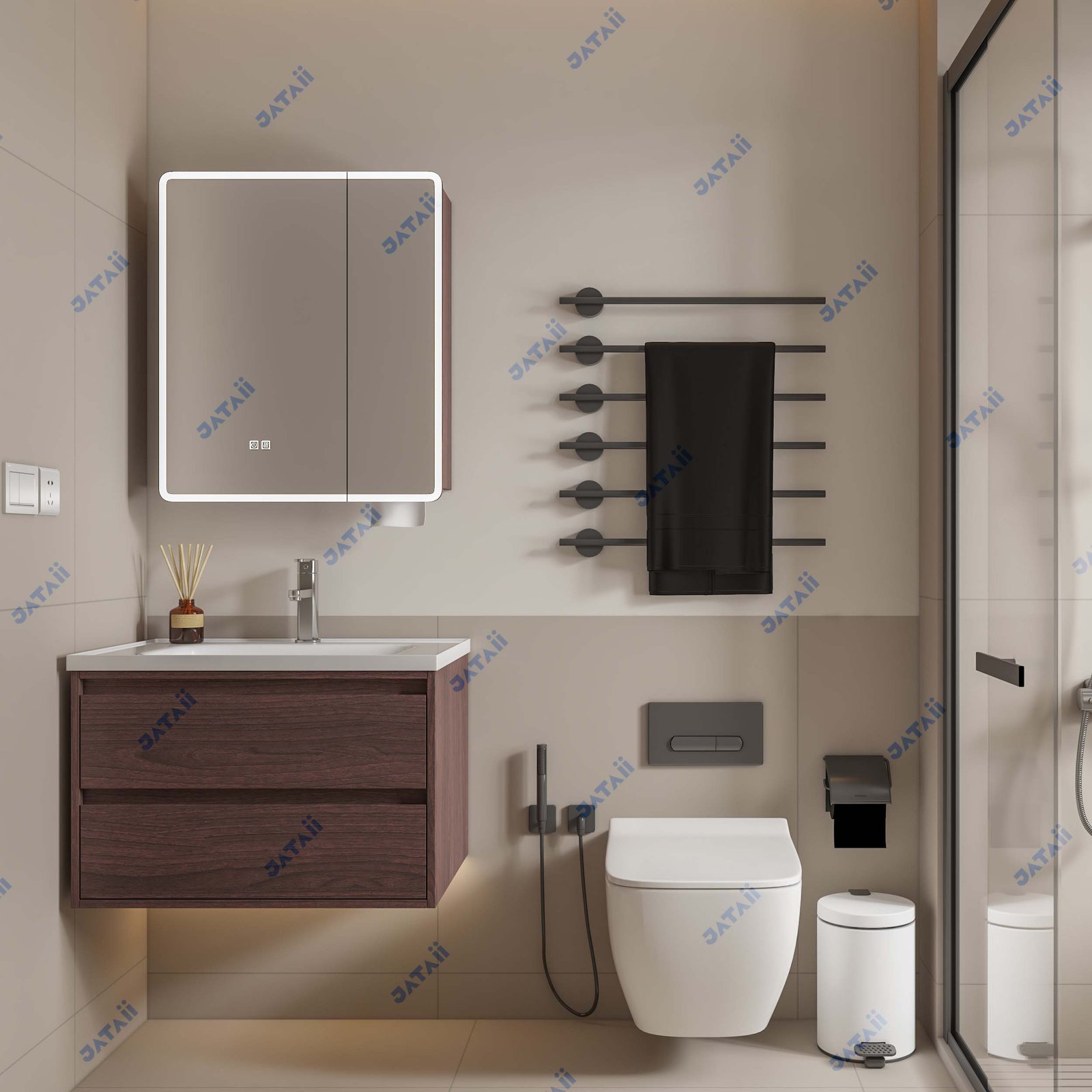 Wholesale 700mm Dark Walnut Aluminum Honeycomb Vanity with LED Mirror Cabinet & Dispenser | JTDR029