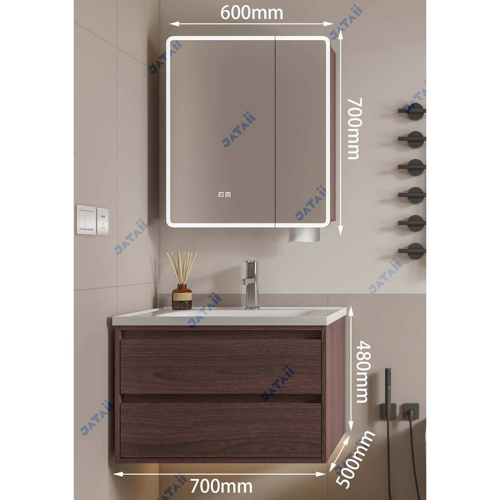 Wholesale 700mm Dark Walnut Aluminum Honeycomb Vanity with LED Mirror Cabinet & Dispenser | JTDR029
