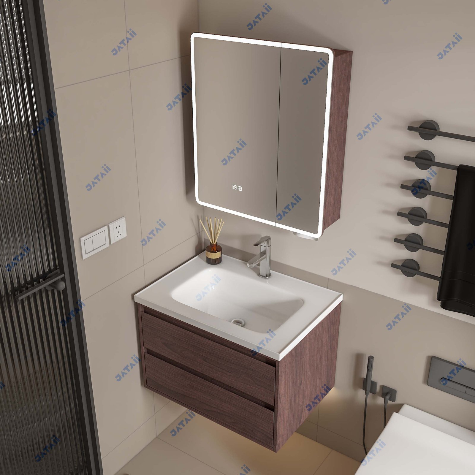 Wholesale 700mm Dark Walnut Aluminum Honeycomb Vanity with LED Mirror Cabinet & Dispenser | JTDR029