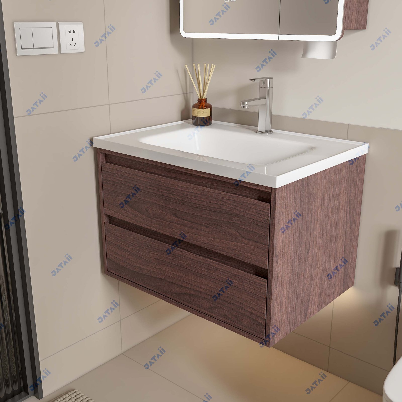 Wholesale 700mm Dark Walnut Aluminum Honeycomb Vanity with LED Mirror Cabinet & Dispenser | JTDR029