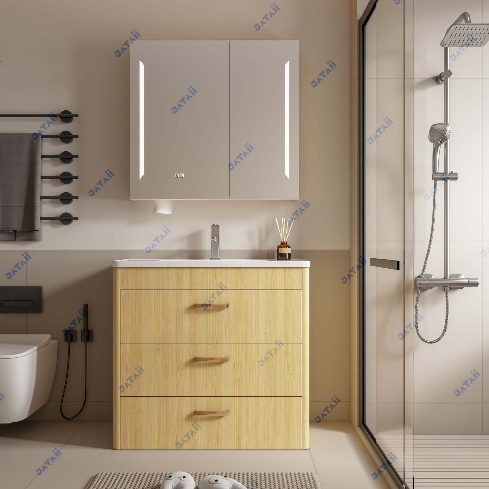Wholesale 900mm Light Oak Curved Floor-Standing Vanity with Gold Handles & Wood-Framed Mirror Cabinet | TC002