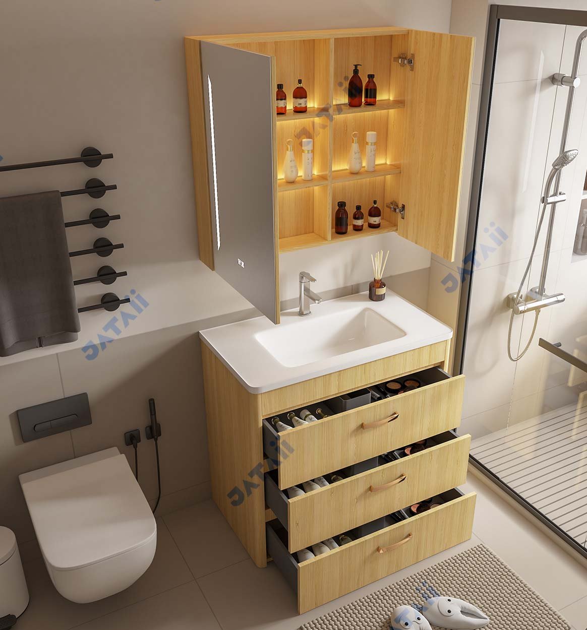 Wholesale 900mm Light Oak Curved Floor-Standing Vanity with Gold Handles & Wood-Framed Mirror Cabinet | TC002