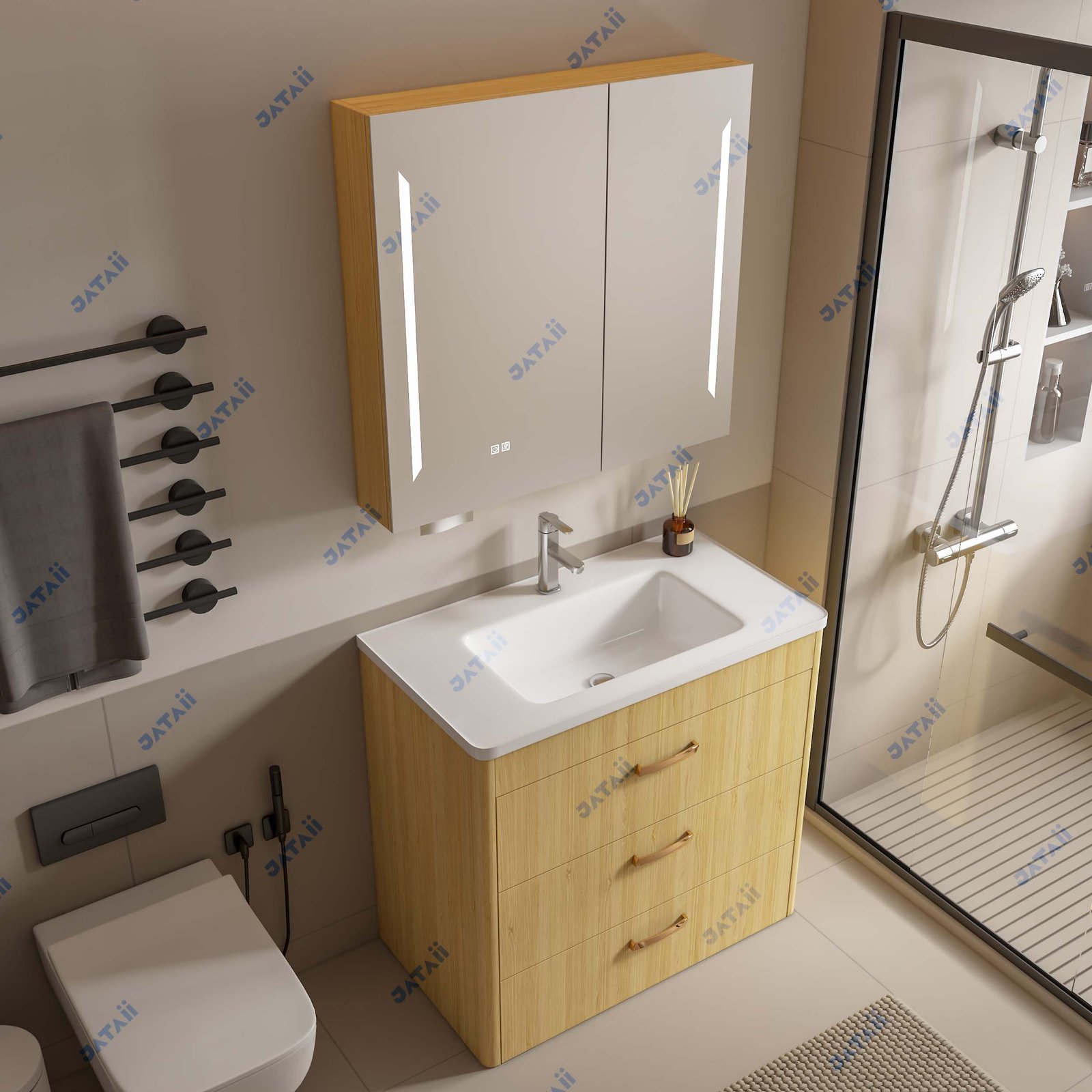 Wholesale 900mm Light Oak Curved Floor-Standing Vanity with Gold Handles & Wood-Framed Mirror Cabinet | TC002