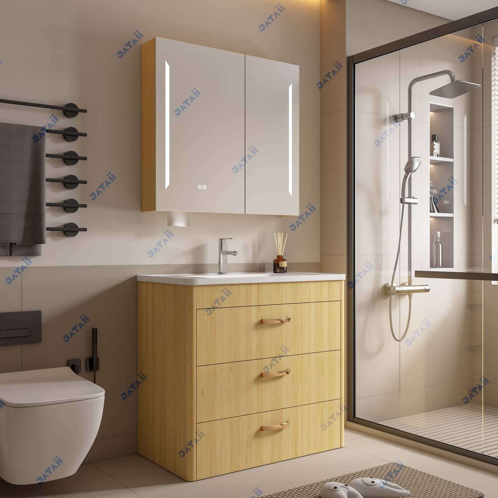 Wholesale 900mm Light Oak Curved Floor-Standing Vanity with Gold Handles & Wood-Framed Mirror Cabinet | TC002