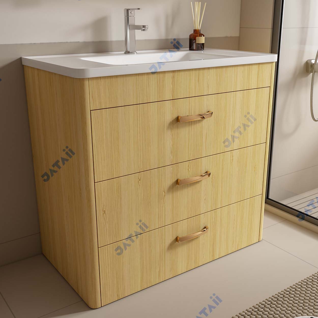 Wholesale 900mm Light Oak Curved Floor-Standing Vanity with Gold Handles & Wood-Framed Mirror Cabinet | TC002