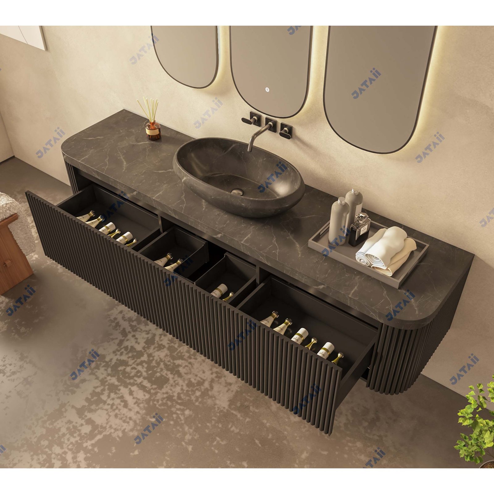 2000mm Dark Grey Fluted Vanity with Sintered Stone Top & Triple Mirrors