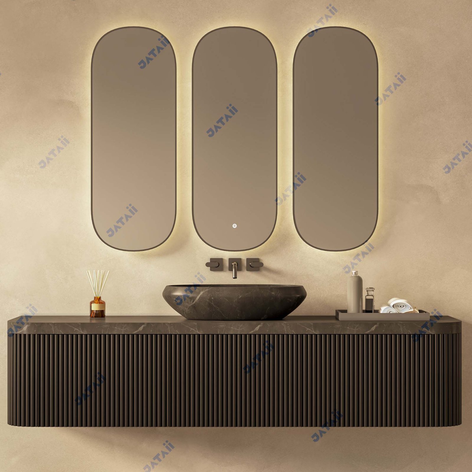 2000mm Dark Grey Fluted Vanity with Sintered Stone Top & Triple Mirrors