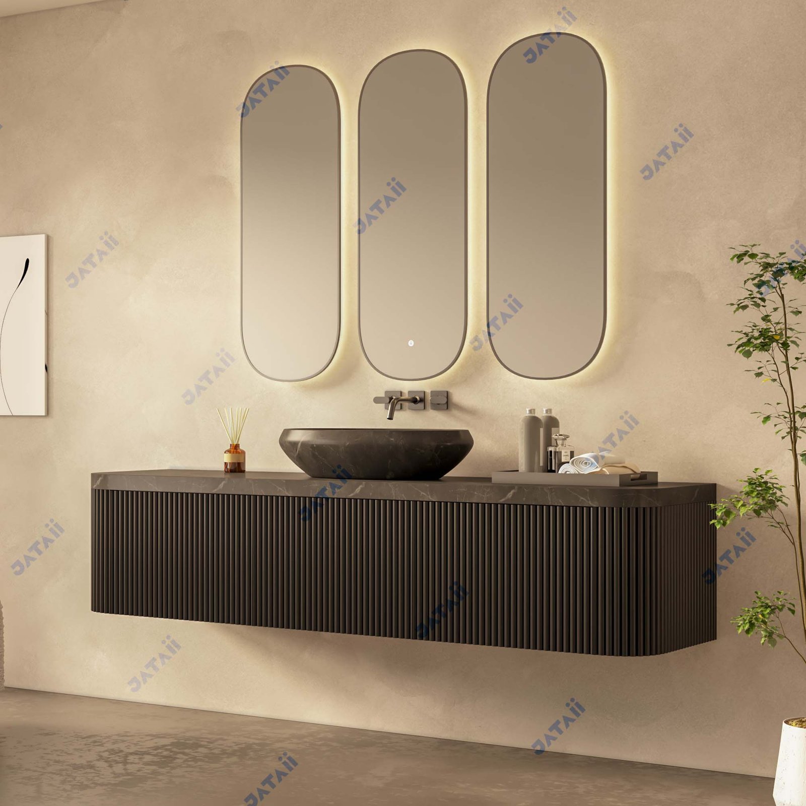 2000mm Dark Grey Fluted Vanity with Sintered Stone Top & Triple Mirrors